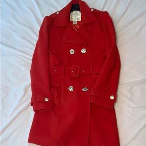 Arden B Red belted Coat with stone buttons